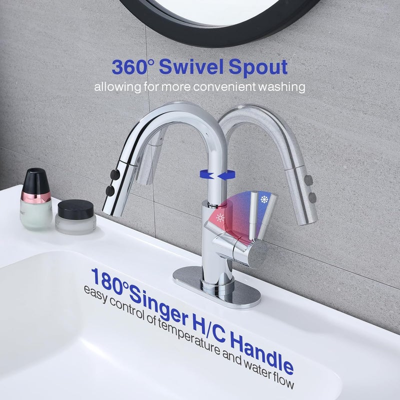 Kablle Bathroom Sink Faucet with Pull Down Sprayer, Chrome Single Handle Pull Out Faucet with Pop-Up Drain, 1 or 3 Hole Laundry Bar Basin Faucet with Deck Plate, KBL-7002C-CL - Image 5